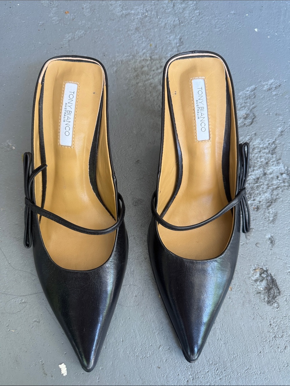 Tony Bianco Black Leather Pointed Toe Slip-On Mules